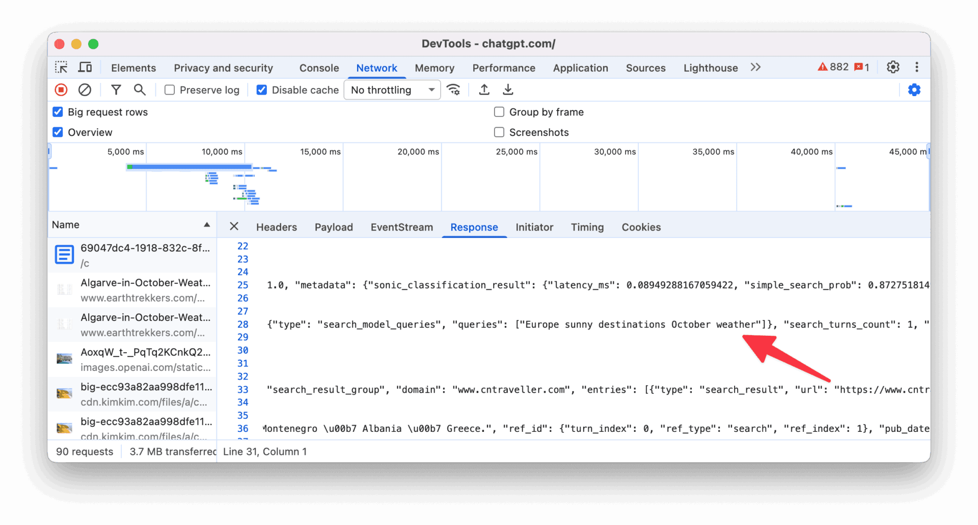 DevTools showing ChatGPT searching the internet